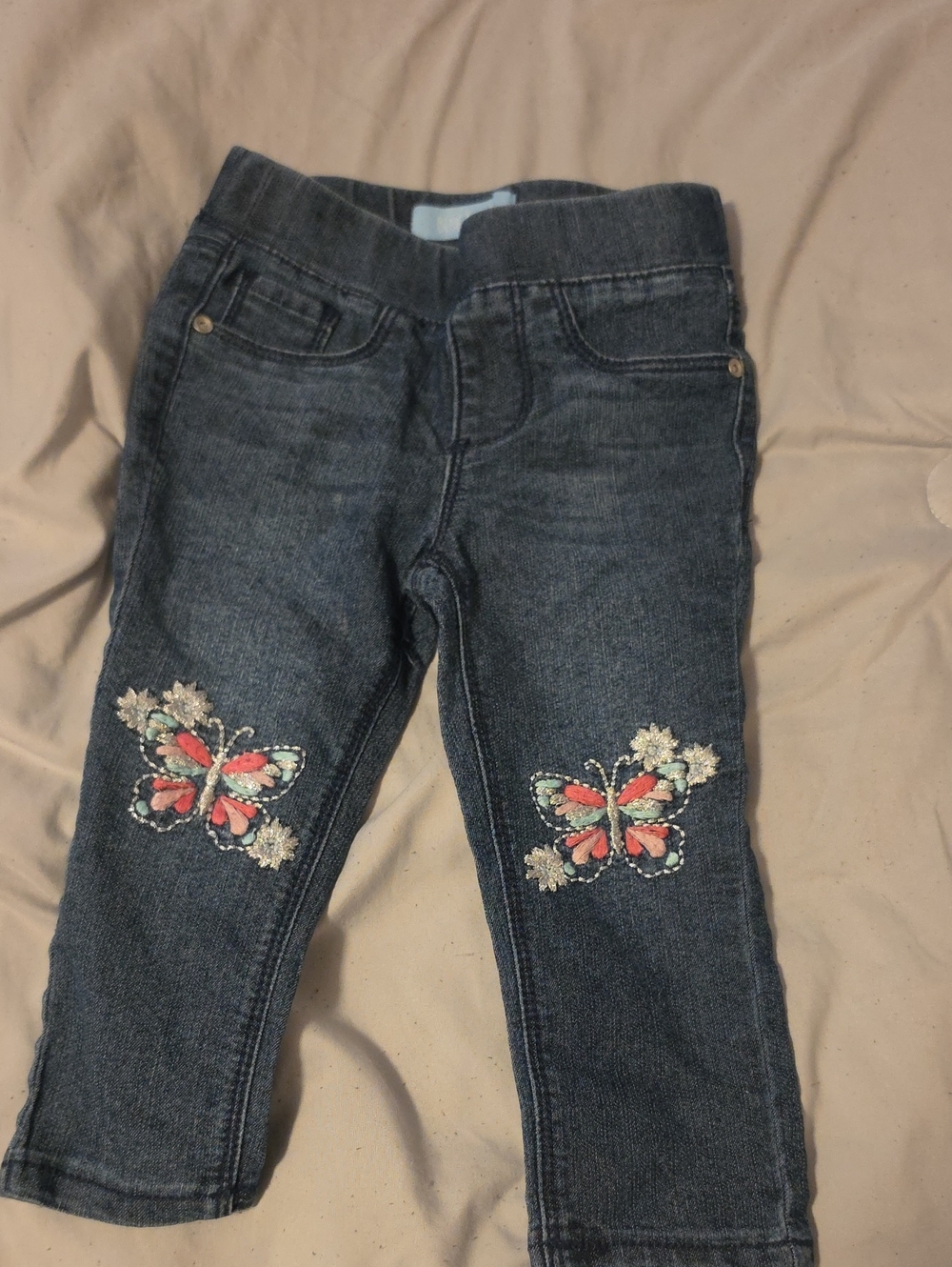 Girls' Dark Denim Butterfly Embroidered Stretch Pants - Blue